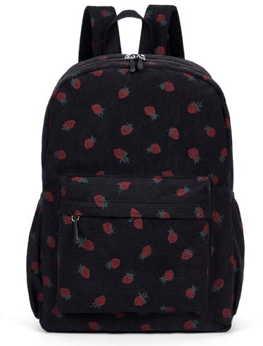 HiTotes Strawberry Backpack Corduroy School Bag Cute Kawaii Backpack Aesthetic Backpack Travel Daypack Laptop Rucksack for School College