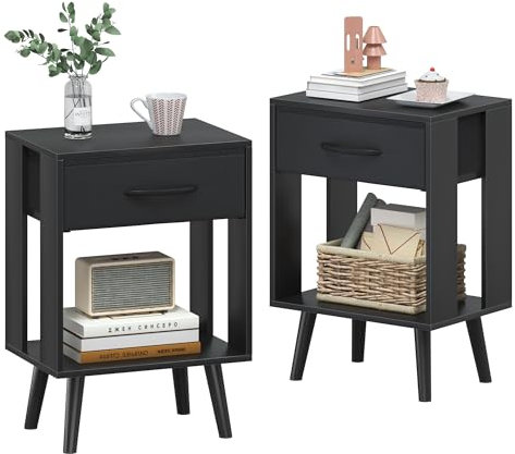 OYRREU Bedside Tables Set of 2, 40X 30 X 60.3cm Black Bedside Table, 2-Tier Small Bed Side Table Bedroom with Drawers and Open Shelf Nightstand Bedside Cabinet for Gift