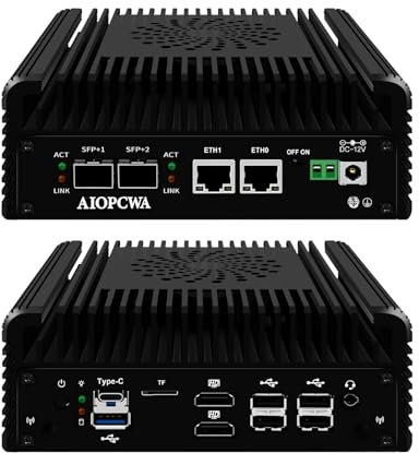AIOPCWA Mini PC Firewall Micro Appliance Dual 10GbE SFP+, 12th Gen N100 10Gigibit, 2 Port i226V 2.5GbE LAN, OPNsense Hardware, Type-C, TF, 2 Display, DDR5 8GB RAM 256GB NVMe SSD