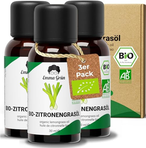 Emma Grün® Bio Lemongras Öl [100% Naturrein] - Zertifiziertes Lebensmittel - Lemongrass Ätherisches Öl - Zitronengras Öl 3x 30ml - Lemongrass Öl Naturrein - Lemon Grass Essential Oil aus Indien