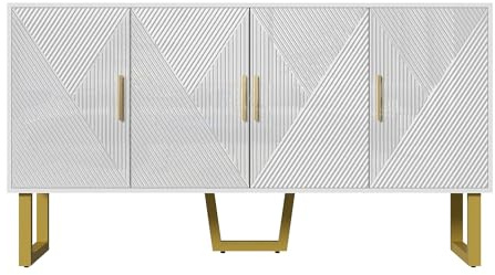 Azkoeesy Aparador 150 x 85 x 40 Blanco Brillante con Tiradores Dorados y Patas metálicas, Mueble Moderno para salón, Comedor y Cocina