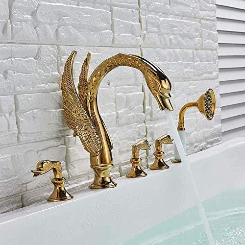 TENGJUN Robinet de Baignoire à Large portée Swan Robinet mitigeur de Baignoire doré Ensemble de Douche de Bain Swan à 3 poignées monté sur Le Pont avec Pomme de Douche extractible, Robinet Swan A