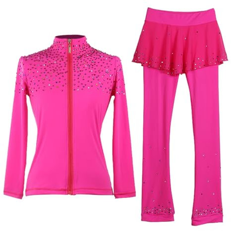 Kmarouse Eiskunstlauf-Sets for Mädchen, Langärmelige Jacke Mit Leggings, Eislauf-Übungs-Trainingsanzug(Rosa,XS)