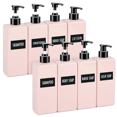 Segbeauty Seifenspender Set, 8 Stück 500ml Rosa, Shampoo Spender Nachfüllbar, Kunststoff, Flüssigseifenspender mit Etiketten, Badezimmer Zubehör