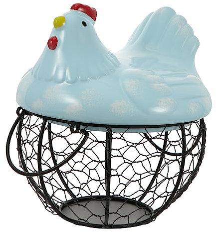 HOLIDYOYO Egg Carrier Iron Chicken Design Grey Egg Holder Ceramic Lid Home Storage Basket