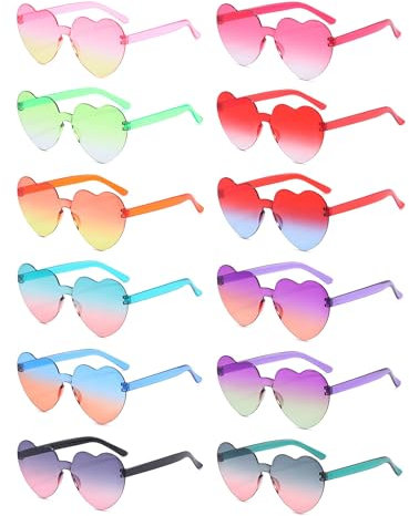 12er Set Gafas de Fiesta Partybrillen | Herzförmige & Bunte Sonnenbrillen | Ohne Rahmen & Hippie-Design | Perfekt für Karneval, Weihnachten, Stylische Accessoires für Kostümpartys (Farbverlauf)
