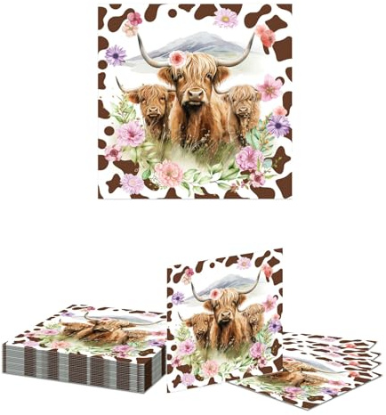 Kotkiddy 20 Stück Highland Cow Servietten Braun Cow Print Geburtstags Party Dekorationen Westliche Highland Cow Einweg Papier Servietten für Geburtstag Dusche