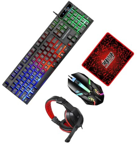DIYEAH Teclado y Ratón Gaming con Auriculares y Alfombrilla Diseño Resistente y Cómodo Compatible con Ordenadores y Portátiles