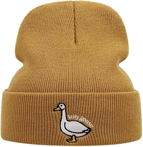 Generisch Silly Goose Strickmütze, Unisex Wintermütze mit Gänse-Stickerei, Beanie in Sandgelb