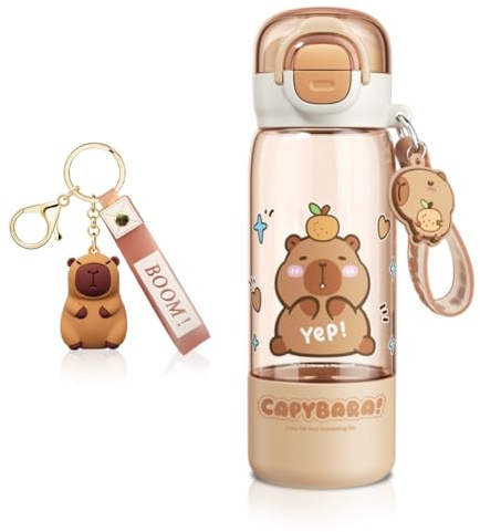VorErgyllic Bouteille d'eau Capybara, Bouteille d'eau Portable pour Enfants - 510ml, Porte-clés en Silicone, Tritan Gourde, Couvercle À Ressort Portable, pour Enfants, l'école, bureau, voyages
