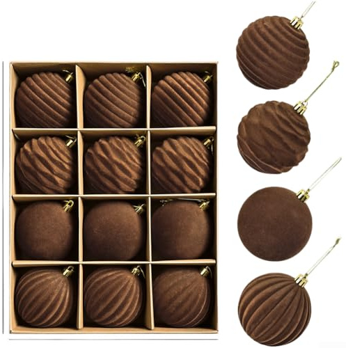 Braune samtbeflockte Weihnachtskugeln, mit beflockter Samtstruktur und Geschenkbox für Urlaub als Baumdekoration