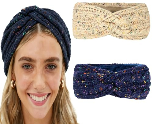 B-HOT Warm Knitted Headband 2 Pack Winter Thick Fleece Ear Warmers Ladies Elastic Crochet Head Wrap for Skiing Running Beige/Navy Blue