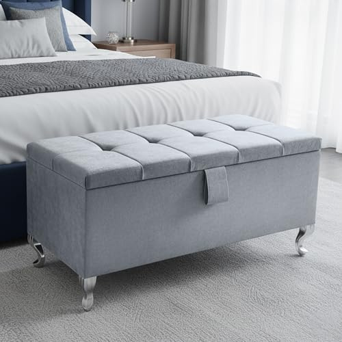 Aiza Large Cube Ottoman Storage Box Plush Velvet Bench, Grey, Legs | Lift-up compartment, engineered wood frame and padded seat; suitable for bedroom, lounge, hallway or end-of-bed use.