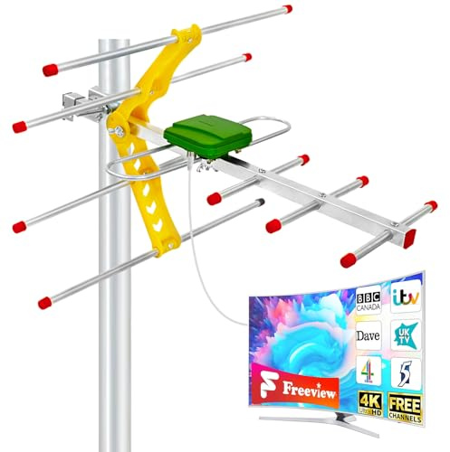 Outdoor TV Aerial Freeview HD, High Gain Digital Aerial for Loft & Roof Installation, VHF/UHF TV Antenna Supports 4K 1080P, Weatherproof Outdoor Aerial with 10m Cable (Pole Not Included)