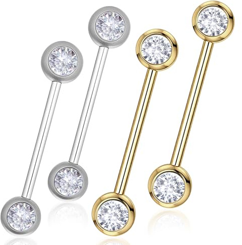 2 Paar Nippelpiercing Gold Silber Edelstahl Brustwarzenpiercing Runde Zungenpiercing Set Mit Strasssteinen Body Barbell Piercing 14g Nippel Bar Gold Titan Piercing Brücke Schmuck Damen Herren