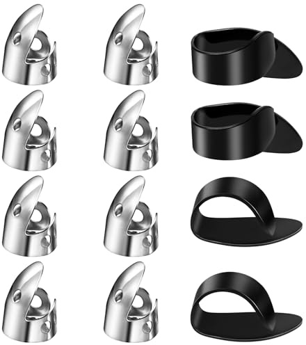 SHENLIU 12 Stück Einstellbares Fingerpicks, Fingerschutz Gitarre Edelstahl Finger Plektrum und Kunststoff Daumen Picks Set Gitarren Zubehör für Verschiedene Saiten Gitarre Banjo Harfe Bass