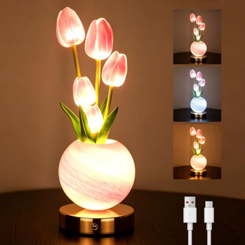 GORPENT Lampada da Comodino con Ricarica USB, Luce Notturna Tulipano Rosa con 3 Modalità di Colore e Intensità Regolabile, Lampada da Comodino Senza Fili Touch per Camera Regalo di Compleanno per