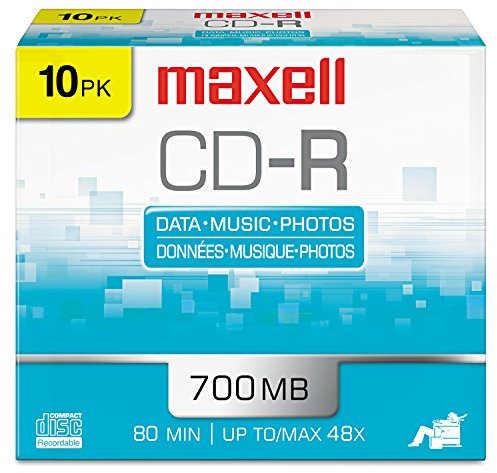 Maxell 648210 Discos CD-R, 700 MB/80 min, 48x, con Estuches Delgados para Joyas, Plateado, Paquete de 10