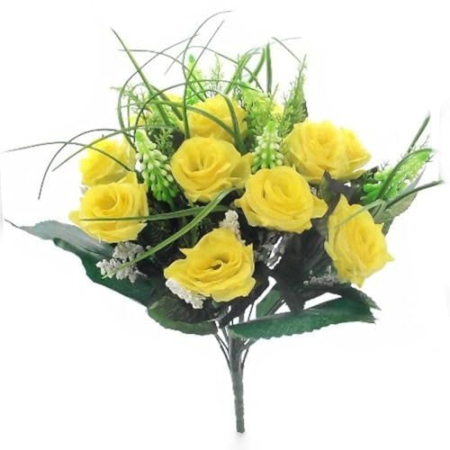 38cm Artificial Silk Yellow Rose & Grass Bush with Gyp & Foliage - 12 flower heads- Wedding Grave Home Decoration
