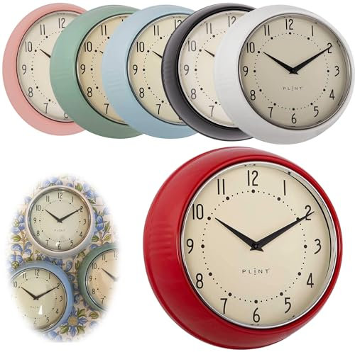 LS-LebenStil Vintage Metall Wanduhr Rot 23cm Küchenuhr Bürouhr Rund Retro Nostalgie ideal im Schlafzimmer Flur Büro Küche Wohnzimmer Esszimmer leise lautlos kein Ticken mit großen Ziffern