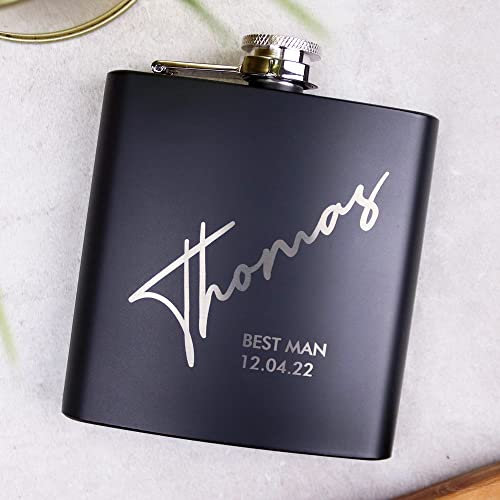 Personalised Hip Flask, Groomsman or Best Man/Usher Gift 6oz Hip Flask and Funnel with Black Gift Box OMG10-BLKHIP