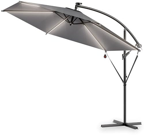 Kingsleeve Parasol déporté en Aluminium Ø3,3m Anthracite Mali éclairage 6 Bandes LED Lampe Solaire Protection, manivelle, Jardin, terrasse, Balcon, Soleil