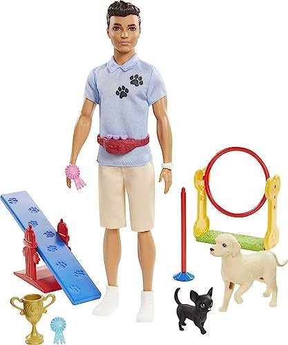 Barbie GJM34 - Ken Hundetrainer-Puppe mit Spielset, Zwei Hunde-Figuren, Hula-Hoop-Reifen, Gleichgewichtsstange, Sprunghürde, Pokal und Zwei Siegerschleifen, Spielzeug Geschenk für Kinder ab 3 Jahren