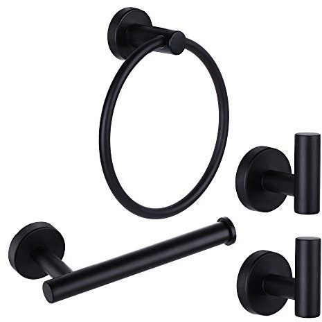 Ntipox 4 Piece Matte Black Stainless Steel Bathroom Hardware Set Include Hand Towel Ring, Toilet Paper Holder,and 2 Robe Towel Hooks,Bathroom Accessories Kit