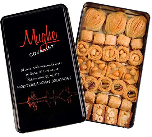 Mughe Gourmet - Scatola Regalo di Baklava Assortita in Elegante Latta - 500g - Baklavas Pistacchio Turco, Mandorla, Noce, Anacardio, Nocciole Bocconcini Dolci - Perfetta per Compleanni, Natale