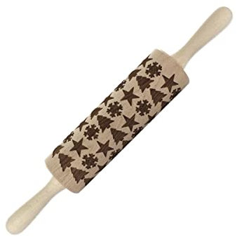 Fackelmann 3154450 Rouleau à pâtisserie en bois à empreintes, Rouleau à pâtisserie à motifs, Sapin, Etoile, Flocon de neige, Bois, 39x6cm