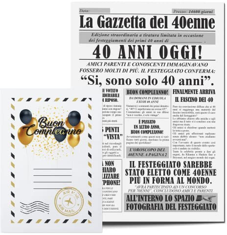 Idea Regalo Compleanno Originale 40 Anni Uomo - Giornale La Gazzetta Del 40 Enne - Maxi Biglietto Auguri - Gadget Scherzi Divertenti per Lui