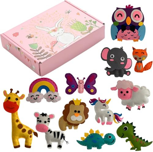 Tierfilz Nähset für Kinder - Filz Bastelsets für Kinder im Alter von 6-12, erste Nähsets für Anfänger Jungen und Mädchen, ausgestopfte wilde Tiere DIY Kunst Spaß Lernspielzeug, Basteln Filz Set von 12