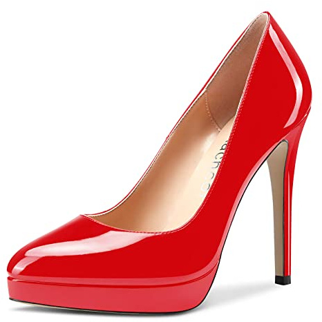 Aachcol Donna Piattaforma Spillo Alto High Tacco Heel Pumps Chiusa a Punta Slip-on Scarpe da Matrimonio Ufficio Feste Dress Classico 12 CM Rosso Verniciata 37 EU