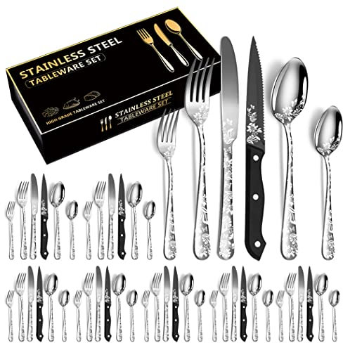 XIAOYU Ensemble d'argenterie 48 pièces, service pour 8, ensemble de couverts en acier inoxydable avec couteaux à steak, motif unique, ensembles couteaux/fourchettes/cuillères, argent