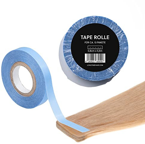 LONGTIME HAIR® Doppelseitiges Klebeband Extra Stark für Extensions, Toupets und Perücken | Klebeband Rolle für Haarverlängerungen | 5,5m Lang & 0,8cm Breit Ersatztape Rolle für Tape Hair Extensions