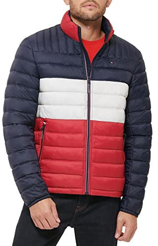 Tommy Hilfiger Men's Lightweight Down Alternative Packable Puffer Jacket Coat, Midnight/Ice/Red Colorblock, 3XL