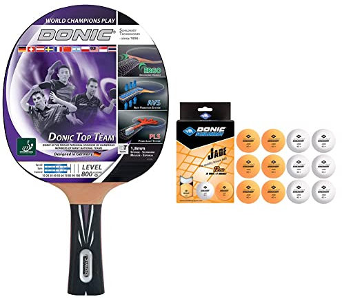 Schildkröt Donic Tischtennisschläger Top Team 800, AVS & PLS-Griff, 1,8 mm Schwamm, Vari Slick - ITTF Belag, 754198, Holz/Natur & 618045 Unisex – Erwachsene Donic Tischtennisball Jade, 12 STK.