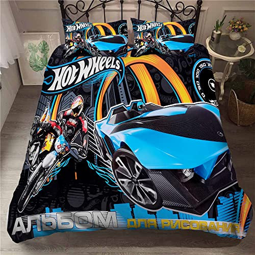 Ste-X Bettwäsche-Set, 135 X 200 cm, Mehrere Größen, Hot Wheels, Sportwagen, Bettbezug, 52% Baumwolle, Weicher, Bequemer Bettbezug + 2 Kissenbezüge, 80 X 80 cm (135x200cm,Rennen 05)