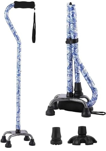 Floral Quad Cane for Women, Adjustable Walking Canes with 3-in-1 Interchangeable Base(3 Tips) for Versatile Support, Stylish & Stable Mobility Aid for Seniors Confidence