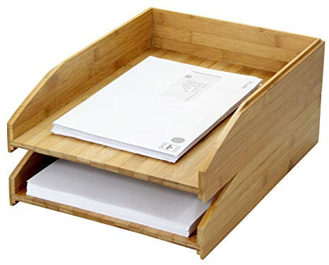 Woodquail Set mit 2 Stapelbaren Briefablagen A4 Papierablage Zeitschriftenhalter Sortierständer, aus Natürlichem Bambus
