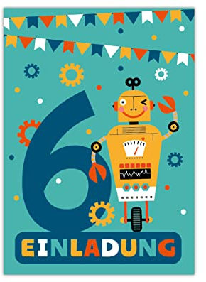 12 Einladungskarten zum 6. Kindergeburtstag sechste Geburtstag Jungen Roboter