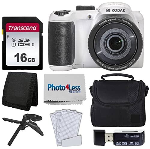 Kodak PIXPRO AZ255 Appareil Photo Numérique Blanc + Étui Point & Shoot + Carte Mémoire Transcend 16 Go + Lecteur de Carte USB + Trépied de Table + Accessoires