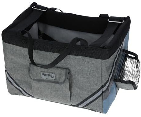 Kerbl Pet Fahrradtasche Vacation, 38x29x25 cm, Fahrradkorb für kleine Hunde und Katzen bis 7kg, Mit integrierter Kurzleine und Trinkflaschenhalter, Grau/Blau