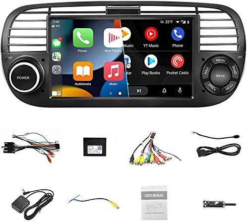 Auto Estéreo Android 9 Compatible con Fiat 500 (2007-2015), Carplay Inalámbrico, 7IN IPS Pantalla Táctil, RDS Radio de Coche con Sat Navi/WIFI/BT/FM/USB/Mirror Link para iOS