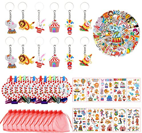 Zirkus-Partygeschenke, Zirkus-Schlüsselanhänger, Clown, Karnevals-Aufkleber, Organza-Beutel, Zirkus, temporäre Tattoos, blasende Drachen für Kindergeburtstag, Party, Karneval, Zubehör, Dekorationen,