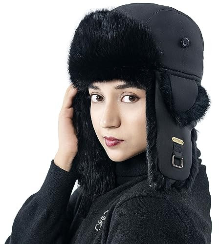 HEYANN Fliegermütze Herren Echtfell, Ushanka Schwarz Russenmütze Wintermütze Trapper Kaninchenfell Fuzzy Ushanka Warme Ushanka Pelzmütze mit Ohrenklappen für Männer Frauen (S/M, Schwarz)