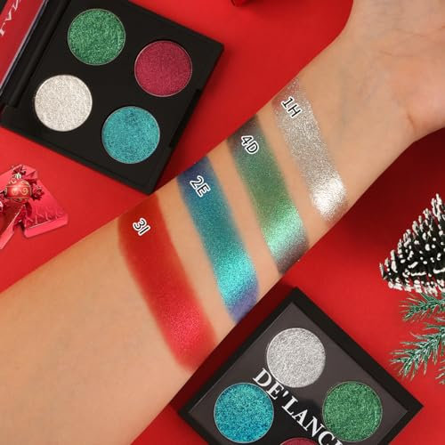 Glitzer Lidschatten Grün Blau Make-up|DE'LANCI Schimmern Lidschatten Rot|High Glitzer Silber Lidschatten|4 Farbe creme lidschatten|Weihnachten Make-up für Mädchen|Ultra-mischbar,Wasserdicht