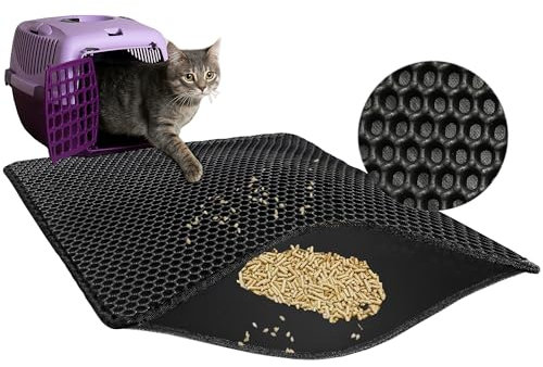 MARTINFORCE - Alfombra Arenero Gato 60 * 45cm - Material EVA Libre de BPA, Doble Capa, Duradera, Impermeable, Cuadrados en Forma de Panal, Alfombra Gatos Arenero, Fácil de Limpiar, Color Negro