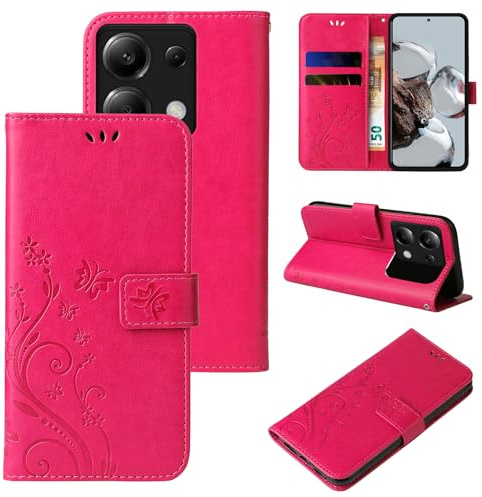 LBH Handy Hülle für Xiaomi Redmi Note 13 Pro 5G Case Handytasche Schmetterling Blumen Flower Standfunktion Schutzhülle Magnet Rundum Schutz 360 Grad Flipcase Cover Pink
