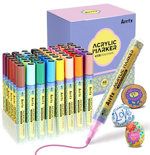 Arrtx 48 Colors Acrylic Paint Pens, 3mm Medium Tip Paint Markers, Waterbased Acrylic Painting Supplies, Quick Drying for Artists Detailing, Rock Painting, Wood, Canvas, DIY, Art Supplies